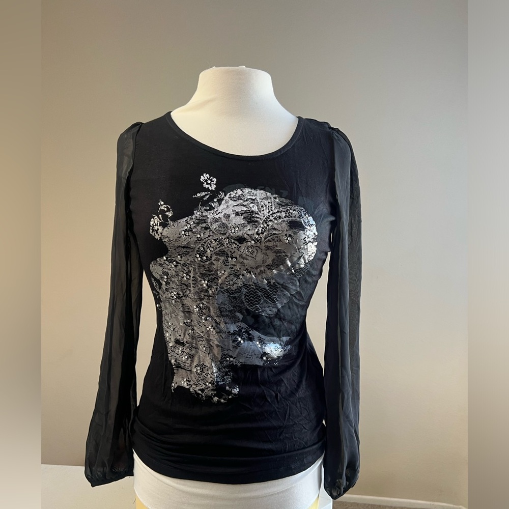 Plastic‎ Island Black Jersey knit long sleeve Graphic Design sequin top Medium